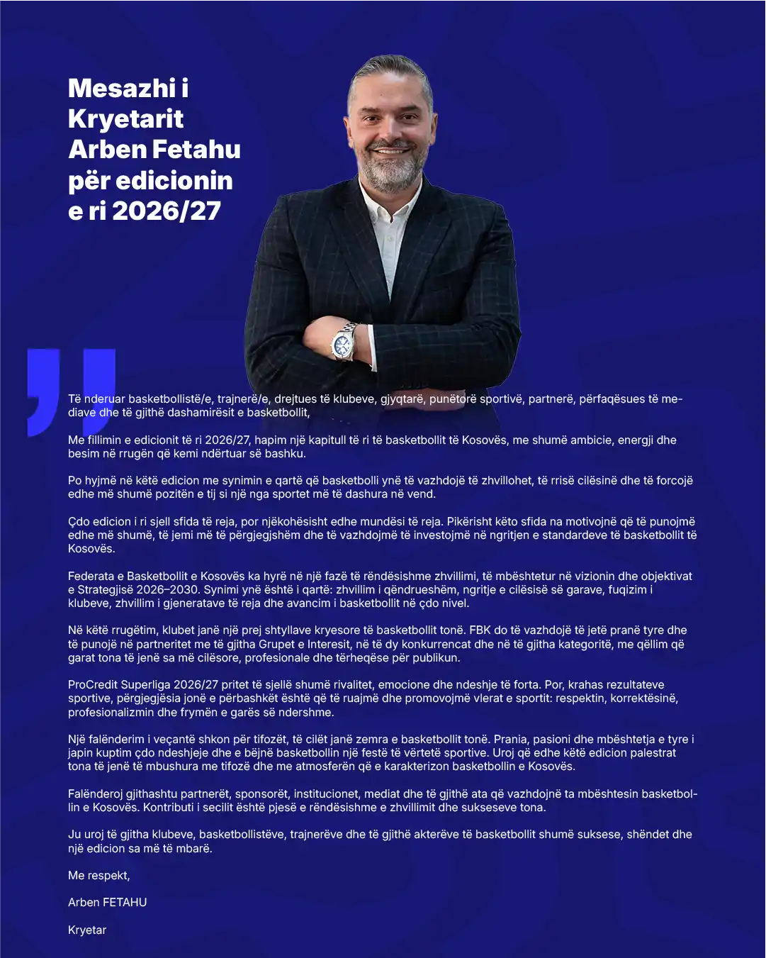 Mesazhi i Kryetarit Arben Fetahu për edicionin e ri 2026/27